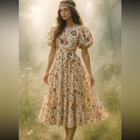 Ulla Johnson Floral Puff Sleeve Long Dress XXS Neutral Boho Cottagecore Midi - Picture 1 of 5